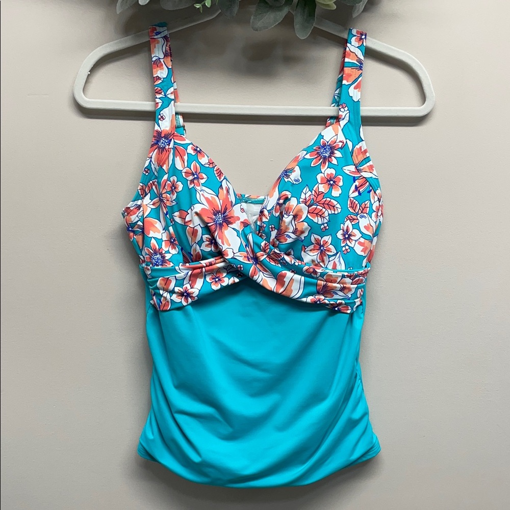 Lands’ End V-neck Wrap Underwire Tankini Swimsuit Top Aqua with Floral Print 8P